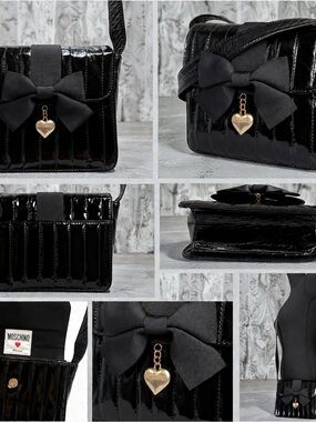 Vintage Moschino Black Patent Leather Bow Shoulder Bag Heart Charm Y2K Coquette